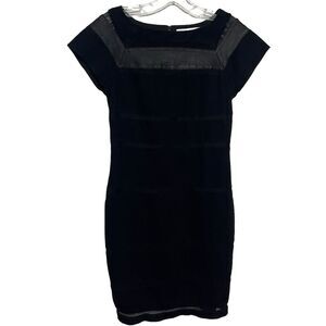 Diane Von Furstenberg DVF Black Novi Sheath Midi Stretchy Dress Leather Trim